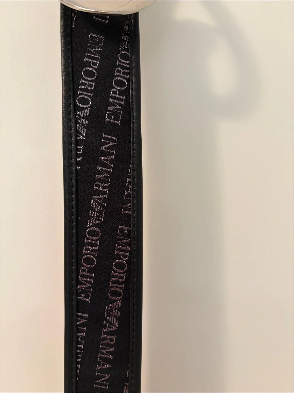 Emporio Armani Black Logo-Print Leather Belt with Silver-Tone Round Buckle